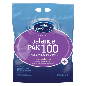 A 2.5 lb bag of BioGuard Balance Pak 100, a pool alkalinity increaser, in blue and purple packaging.